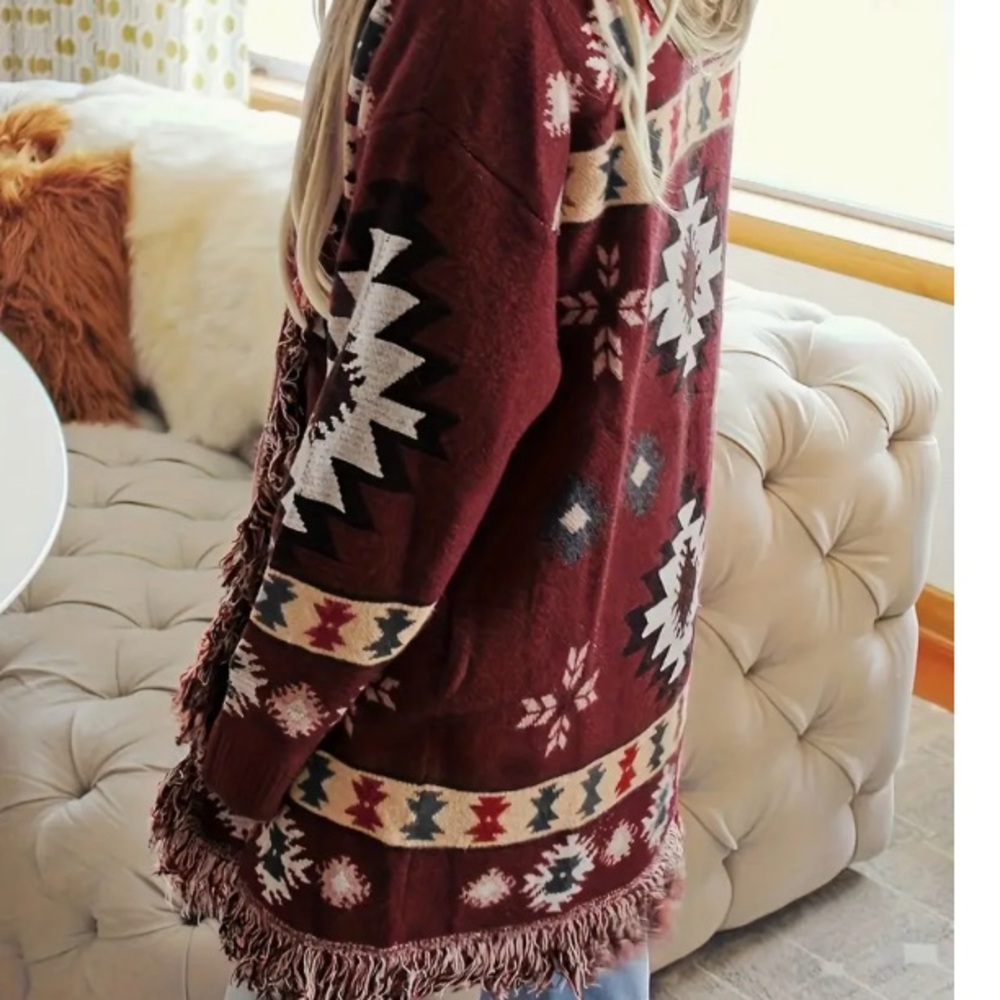NEW! Aztec Tribal Patterned Burgundy Cardigan